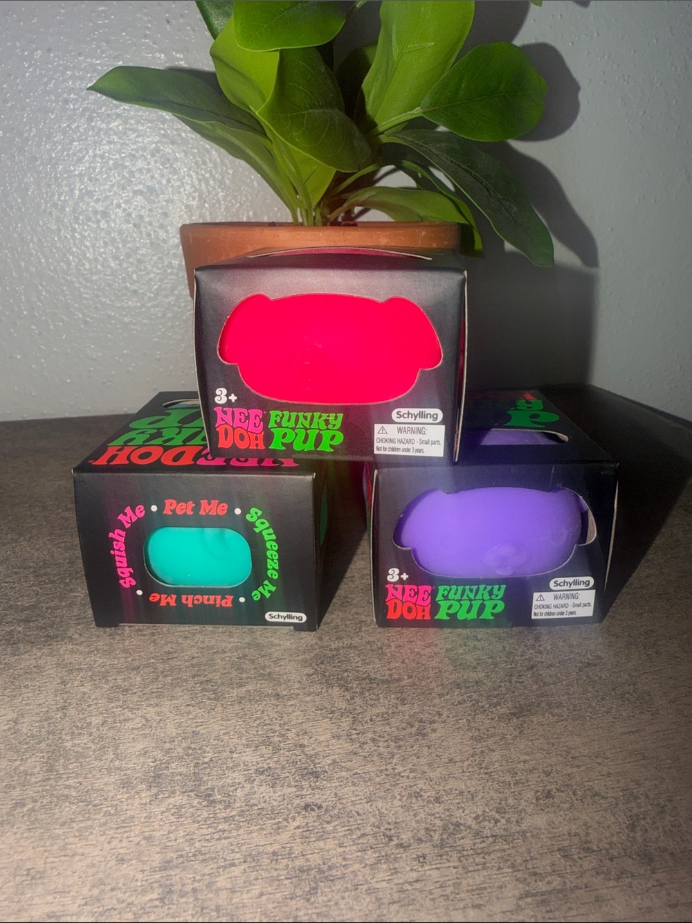 Nee Funky Doh Pup Squishy Toy Set - Neon Pink, Purple, Teal pack of 3 three